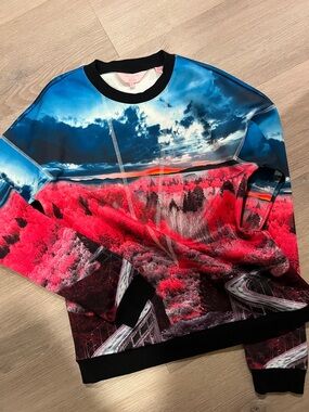New Ted Baker London Vivid Landscape Print Crewneck Sweater in Blue & Red